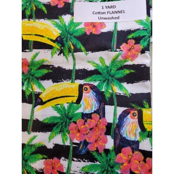 Quilting Fabric 1 Yard Flannel Toucan Hibiscus Palm Trees Hawaiian Stripes - Picture 1 of 6
